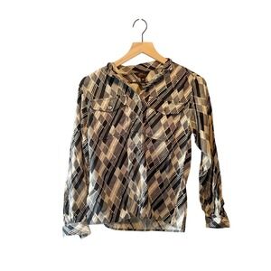 LL Bean Silk Blouse Top Geometric Diamond Print Long Sleeves‎ 2P